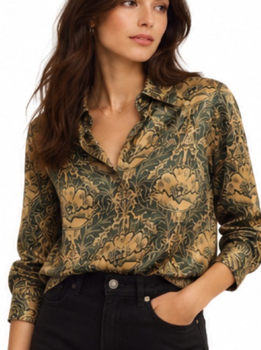 Icône by Simons Hunter Green Gold Floral Satin Feel Button Down Blouse L